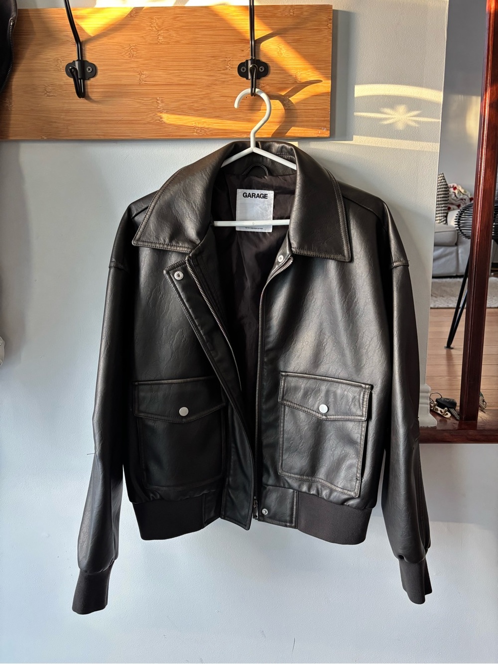 Garage Black Faux Leather Bomber Jacket with Snap Pockets